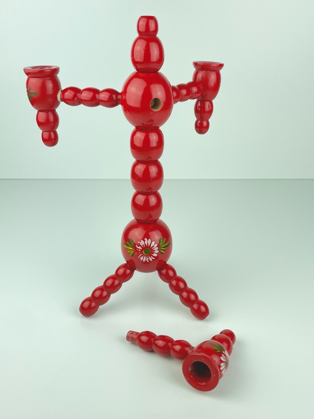 VTG Swedish 3 Armed Red Floral Candelabra Scandinavian Folk Art Candleholder - Picture 16 of 16